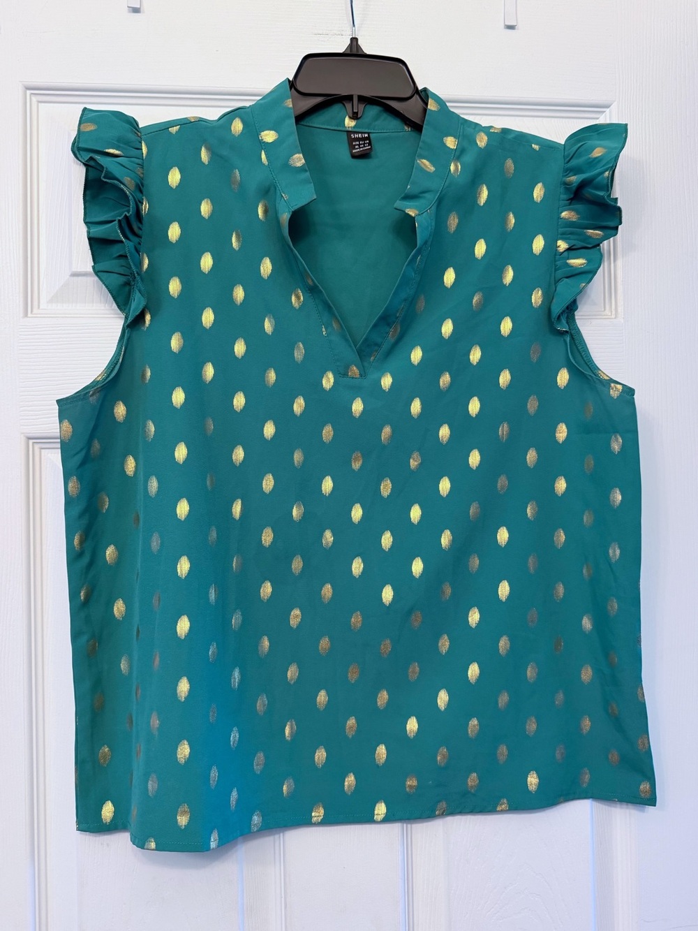 SHEIN Teal Sleeveless Ruffle V-Neck Tank with Gold Dot Foil